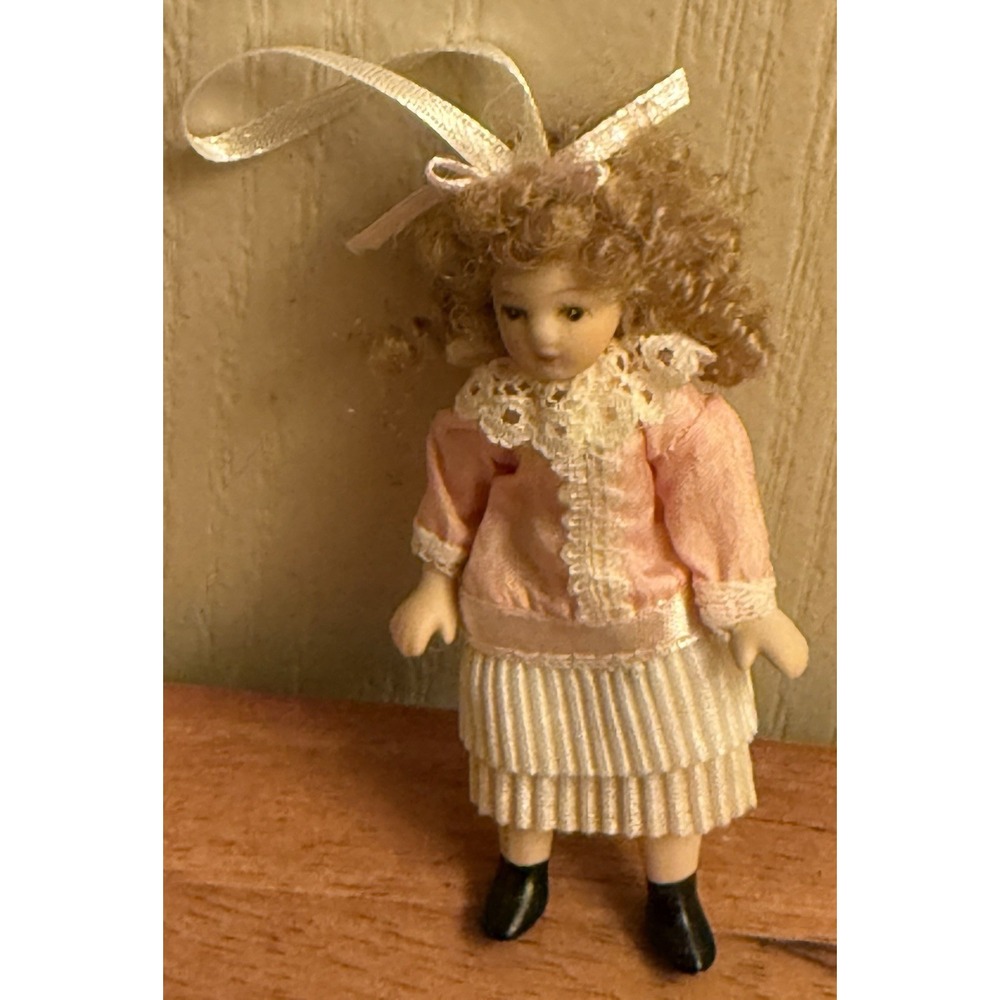 Vintage Miniature Porcelain Doll Ornament 4" Curly Hair, Pink & White Dress